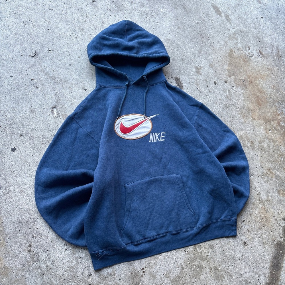 Custom Nike Vintage Center Swoosh Embroidered Hoodie Blue Pullover Sweatshirt